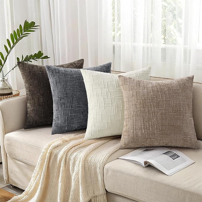 decorUhome Oatmeal Chenille Throw Pillow Covers 20x20 Set of 2 Textured Soft Cozy Slubby Couch Pillow Covers Modern Farmhouse Boho Decorative Pillow Cases for Bed Sofa Living Room