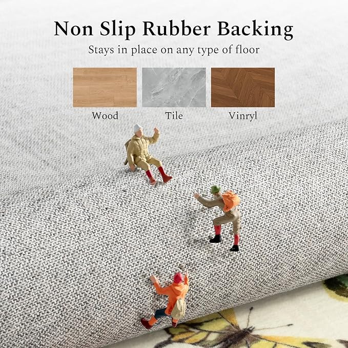 Rugflix 5x7 Washable Area Rug for Living Room, Soft Non Slip Low Pile Carpet, Floral Vintage Stain Resistant Rugs for Bedroom, Dining Room, Home Office, Beige Yellow