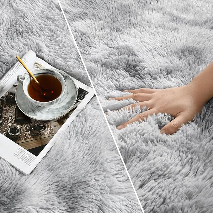 Large Shag Area Rugs 8 x 10, Tie-Dyed Plush Fuzzy Rugs for Living Room, Ultra Soft Fluffy Furry Rug for Bedroom, Indoor Carpet Nursery Rugs for Kids Room Home Decor, Light Grey