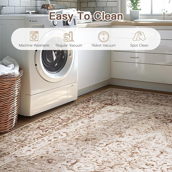 Lofus 5x8 Area Rugs for Living Room, Washable Area Rug, Rugs for Bedroom, Kitchen, Vintage Boho Carpet, Soft Non-Slip, Low Pile Large Area Rug for Office Dining Room, Vintage Beige Brown