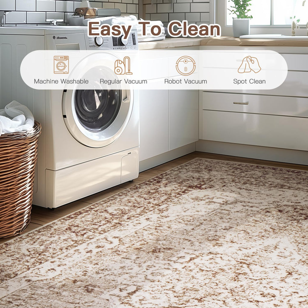 Lofus 5x7 Area Rugs for Living Room, Washable Area Rug, Rugs for Bedroom, Kitchen, Vintage Boho Carpet, Soft Non-Slip, Low Pile Large Area Rug for Office Dining Room, Vintage Beige Brown