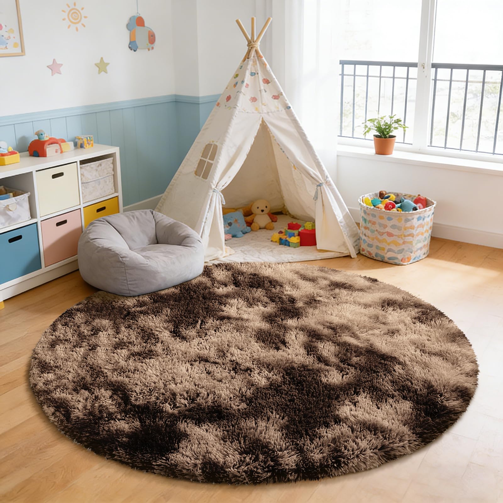 Tie-Dyed Coffee Fluffy Round Rug,Small Area Rugs,Shaggy Rugs 3'X3'