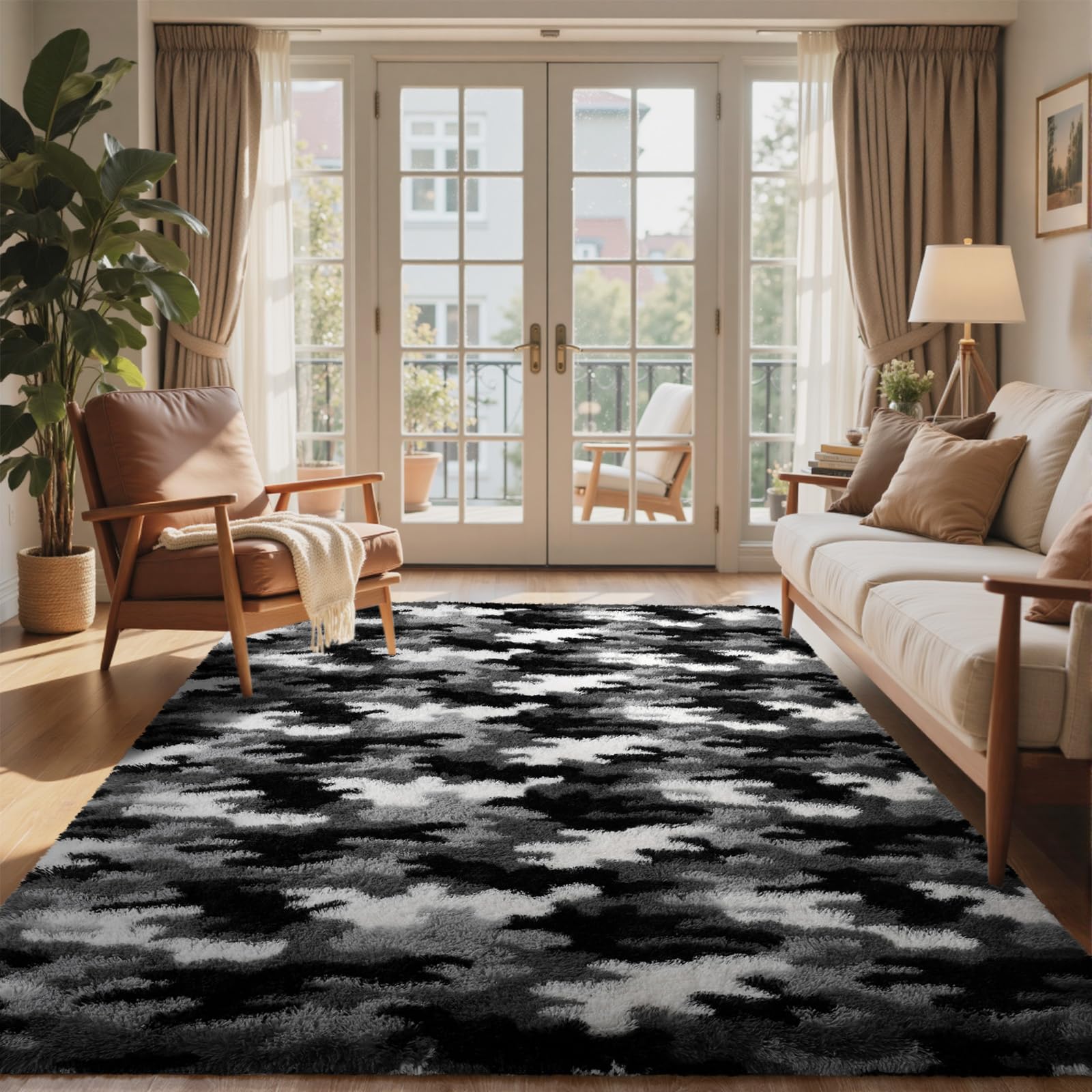 4x6 Ft Shag Rugs for Bedroom Living Room, Tie-Dyed Ultra Soft Fluffy Furry Area Rugs for Indoor Floor, Aesthetic Carpet for Kids Home Decor (Grey)