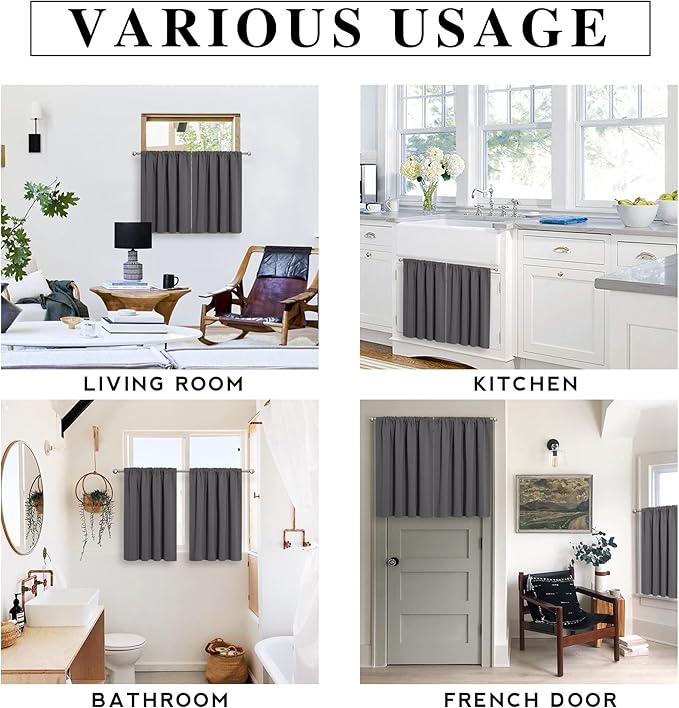 RYB HOME Blackout French Door Window Curtain Covering, Rod Pocket Thermal Insulated Privacy Non See Through Drapes for Bathroom Window, Width 29 by Length 45, Grey, 2 Panels