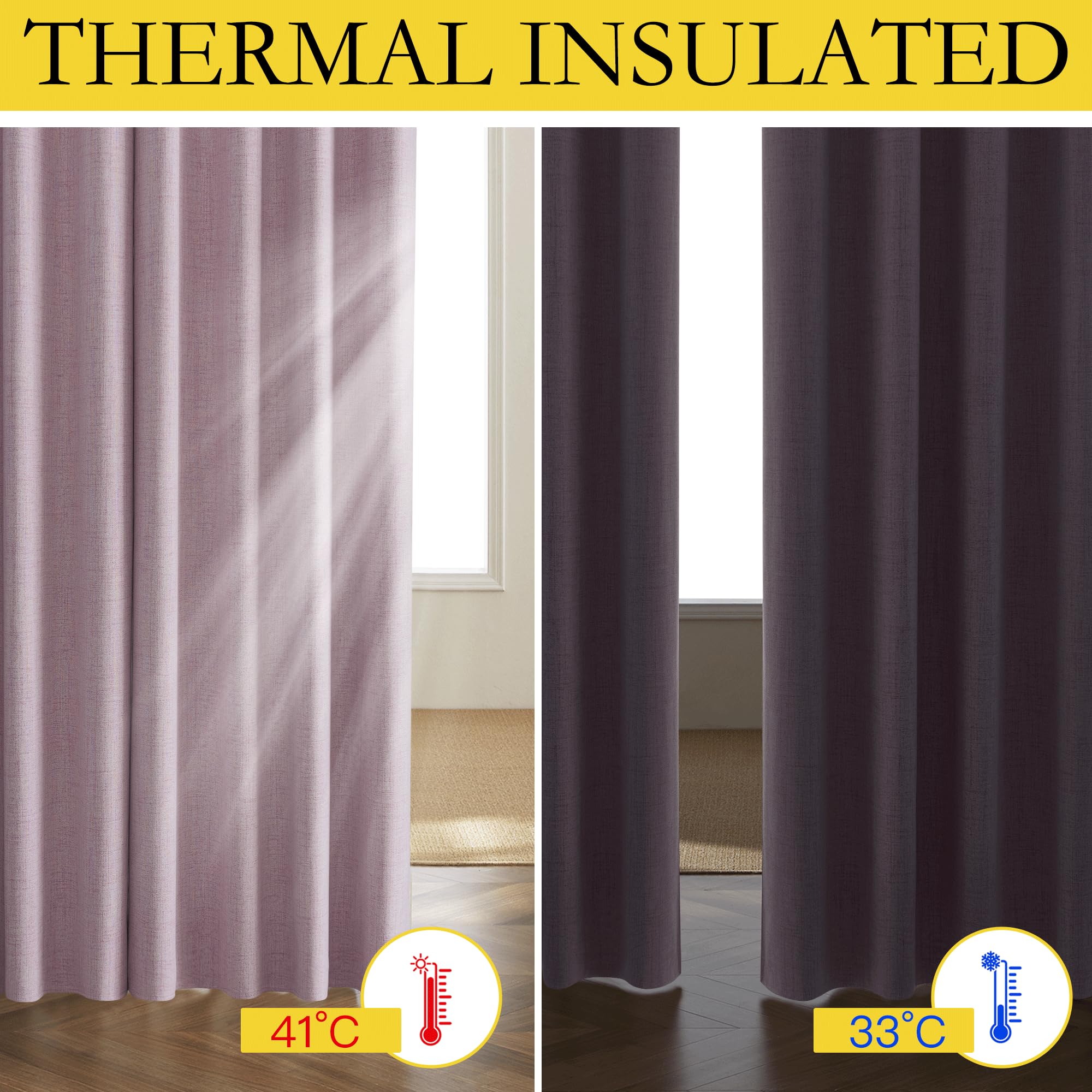 NICETOWN Pink Vintage Linen 100% Blackout Curtains for Living Room, Thermal Insulated Curtains 90" Long, Noise Reducing Window Treatment Drapes for Home Cinema, 52" Wide Per Panel, Set of 2