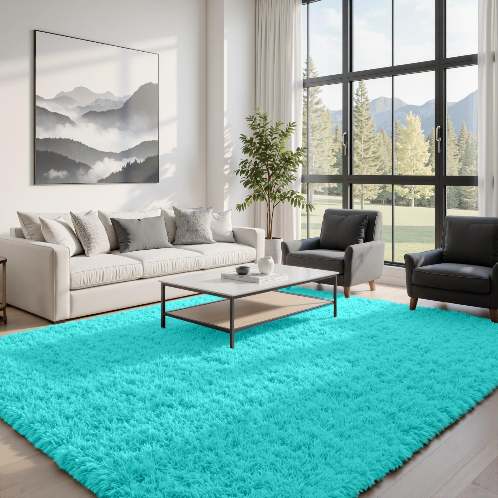 8x10 Fluffy Shag Area Rugs for Living Room Bedroom: Soft Carpet Teal Blue