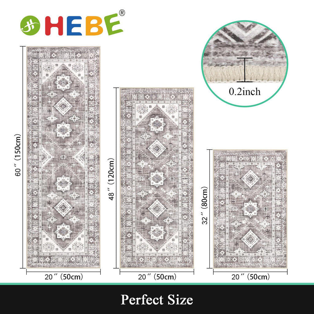 HEBE Boho Kitchen Rugs Set of 3, Non Slip Washable Kitchen Mats for Floor