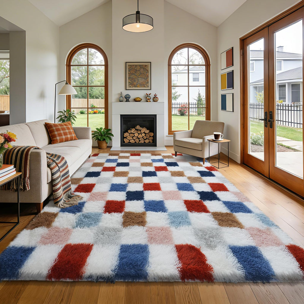 Shag Area Rug for Bedroom Living Room,6x9 Fluffy Soft Colorful Checkered Rug Fuzzy Shaggy Bedroom Carpet,Indoor Plush Floor Rugs for Teen Dorm Home Decor