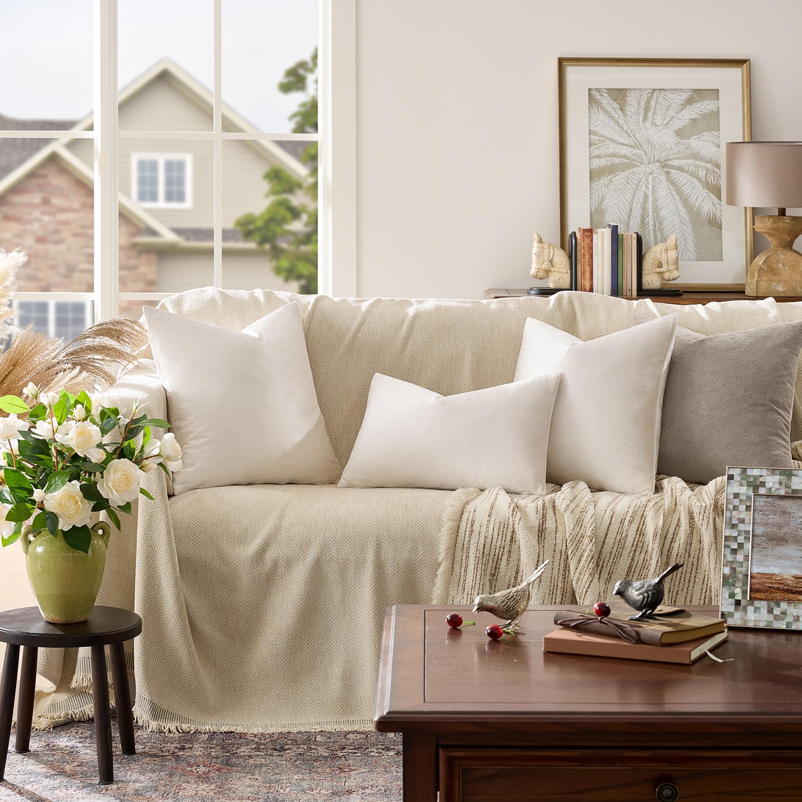 GIGIZAZA Velvet Pillow Covers 24x24 Decorative Pillows Pack of 2 Ivory