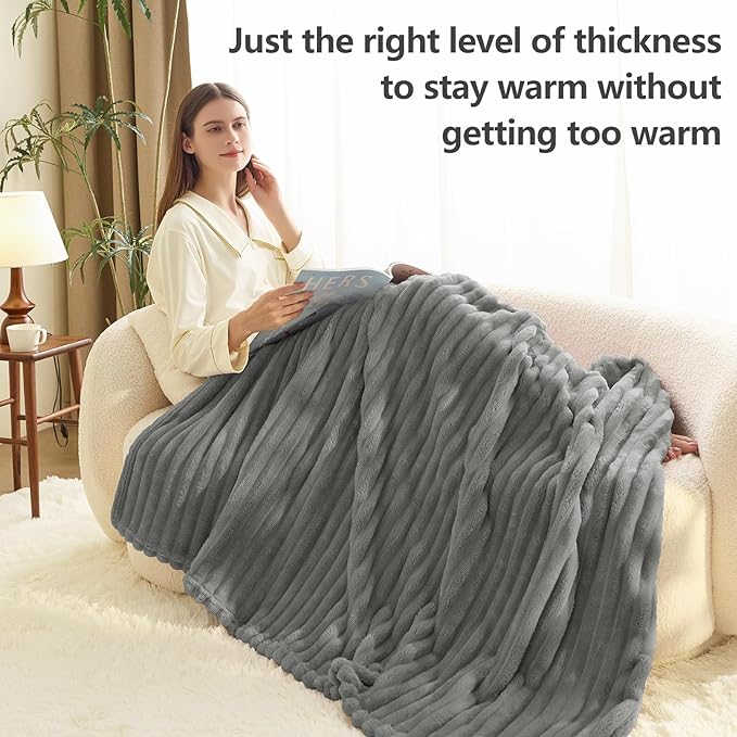 HIMEET Grey King Size Blanket for Bed, 300GSM Ribbed Fleece, 108 x 90 in