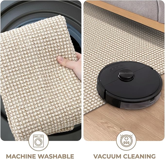 KOZYFLY Runners for Hallways 2x5 ft Washable Kitchen Runner Non Slip Rubber Backed Hall Runners Cotton Entryway Runner Rugs Floor Carpet for Indoor Backdoor Bedroom Kitchen, Ivory/Khaki