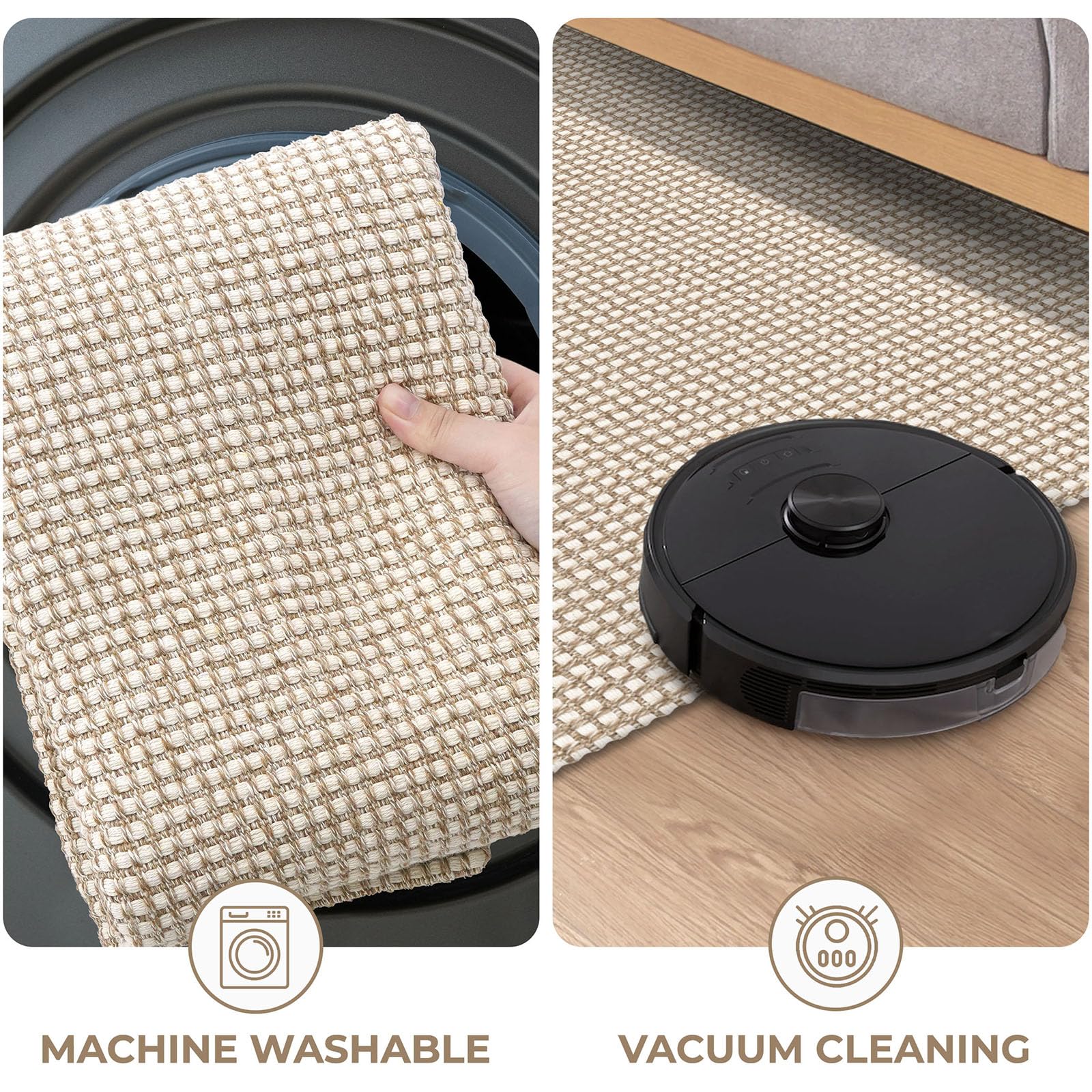 KOZYFLY Long Runners for Hallways 3x12 ft Washable Kitchen Runner Non Slip Rubber Backed Hallway Rugs Cotton Entryway Runner Rug Floor Carpet for Indoor Hall, Backdoor, Kitchen, Ivory/Khaki