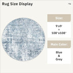 9x9 Blue/Grey Round Rug 9ft Living Room Circle Rug Vintage Round Area Rug Non Slip Indoor Carpet for Apartment