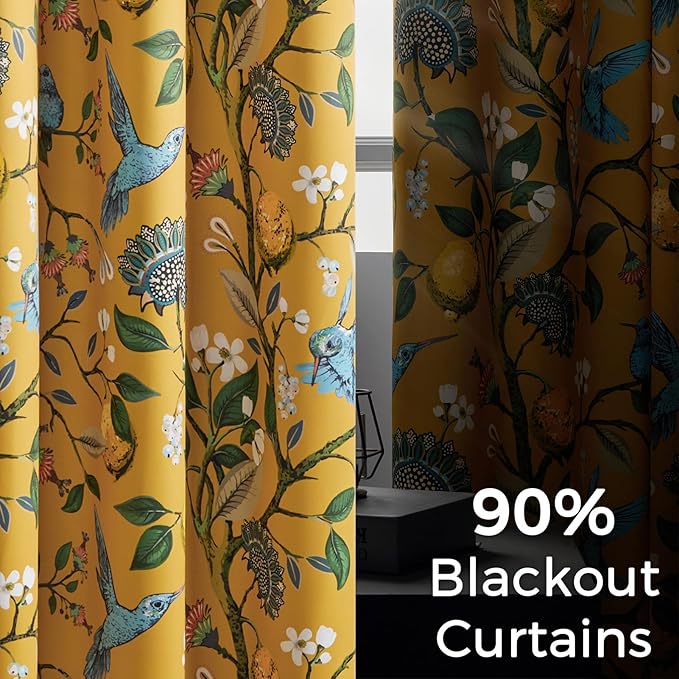 Topfinel Mustard Yellow Luxury Curtains 96 Inches Long for Living Room Bedroom, Blackout Vintage Art Deco Anthropologie Victorian Curtains Floral Lemon Hummingbird Printed Grommet Drape 96 Inch Length