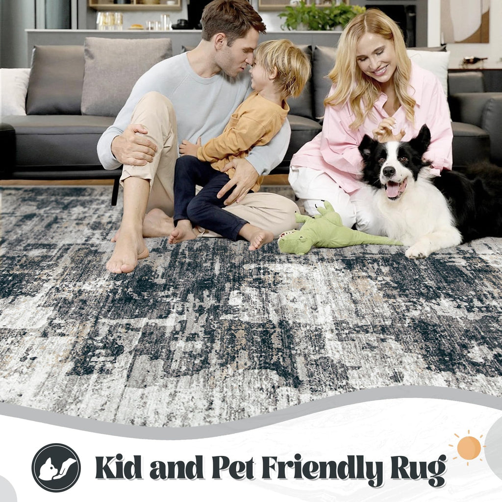 XLUEZ 6x9 Area Rugs for Living Room, Washable Modern Abstract Large Area Rug Neutral Soft Non Slip Kids Rug Stain Resistant Indoor Carpet for Bedroom Nursery Dining Room Playroom(BlackGrey, 6'x9')