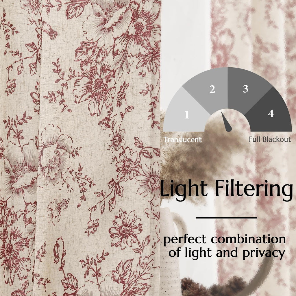 jinchan Red Floral Linen Light Filtering Curtains for Living Room 96 Inches Long