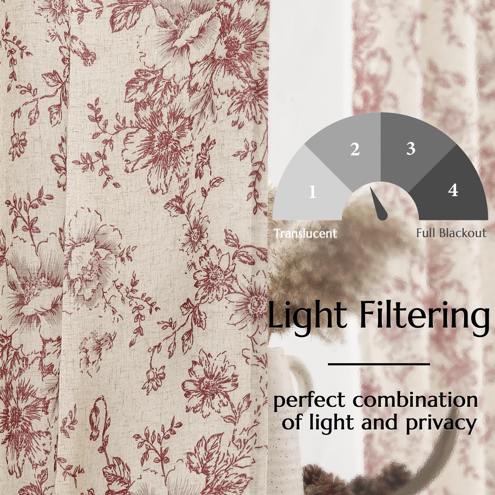jinchan Red Floral Linen Light Filtering Curtains for Living Room 96 Inches Long