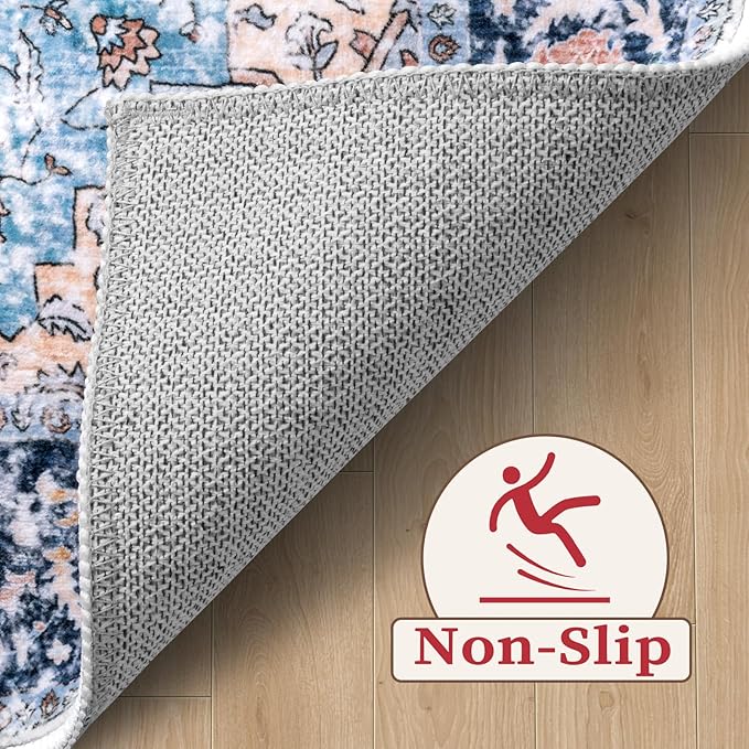 SERISSA 8x10 Washable Non Slip Boho Area Rug for Living Room，Blue Orange