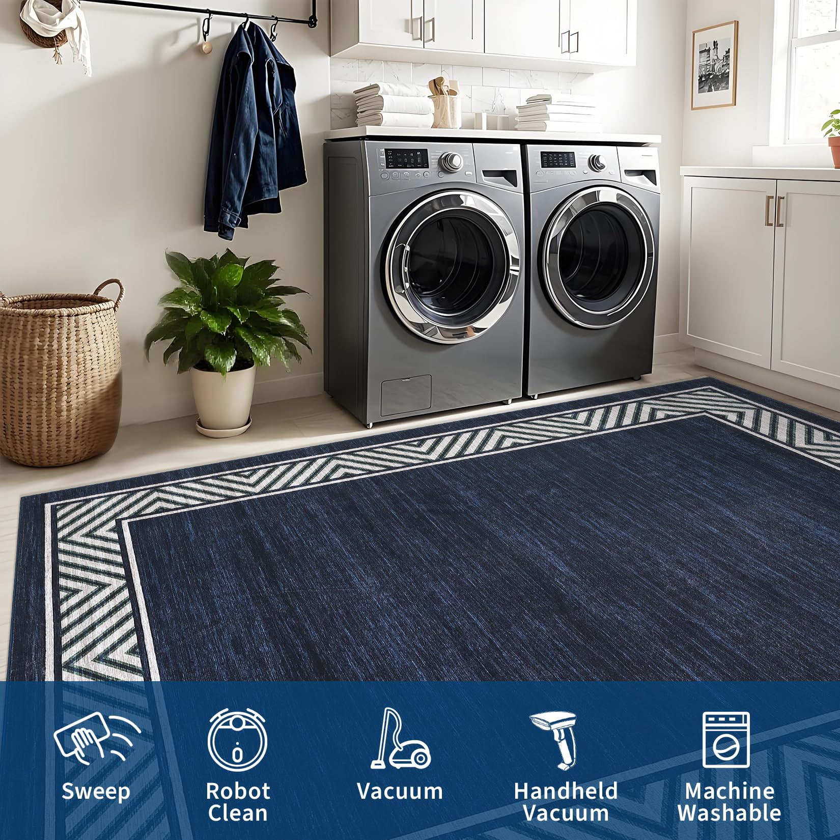 GarveeHome Bordered Bedroom Rugs 5x7 Ultra-Soft Indoor Carpet, Non-Slip Modern Geometric Living Room Rug, Stain-Resistant Neutral Accent Floor Cover for Dining Room, Nursery, Office, Navy Blue