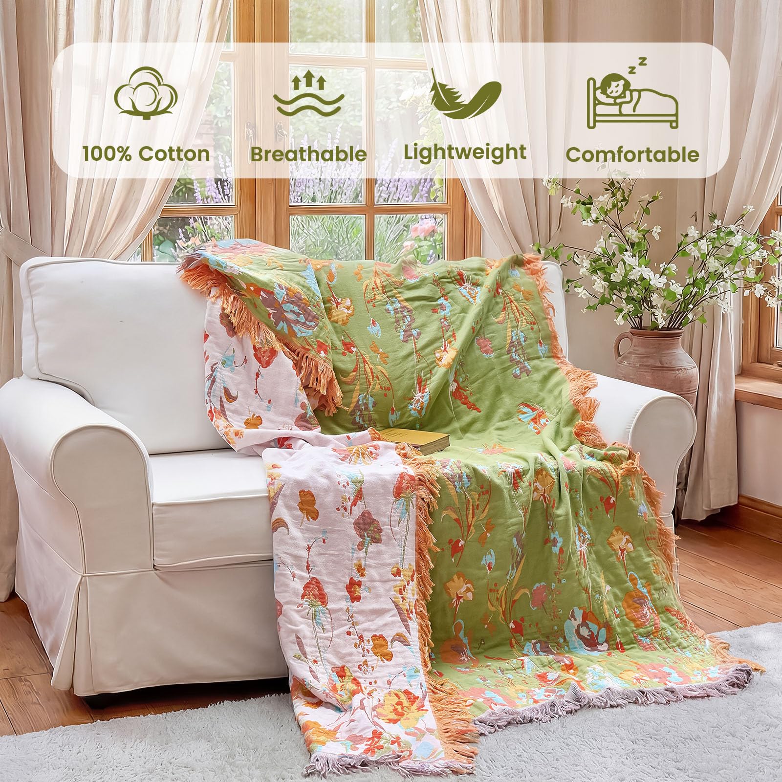MSGKV Boho Throw Blanket 60"x80" Summer Cotton Butterfly Floral Blanket