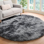 ONASAR Tie-Dyed Dark Grey Round Area Rug 4ft, Ultra Soft Bedroom Circle Rugs for Kids Girls Boys Teen, Fluffy Plush Shaggy Carpet Floor Mats for Nursery Dorm Living Room Office Home Decor