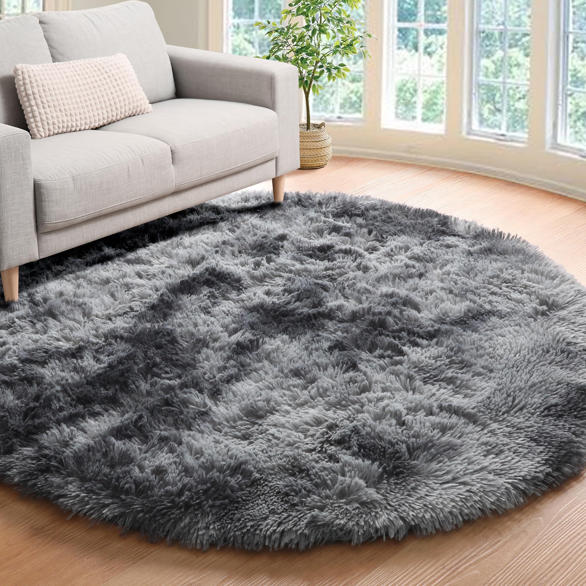 ONASAR Tie-Dyed Dark Grey Round Area Rug 4ft, Ultra Soft Bedroom Circle Rugs for Kids Girls Boys Teen, Fluffy Plush Shaggy Carpet Floor Mats for Nursery Dorm Living Room Office Home Decor