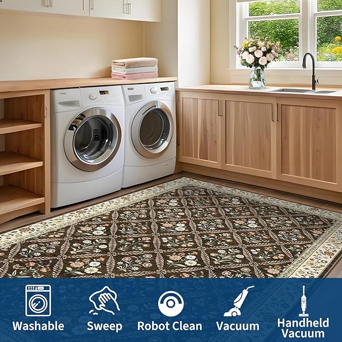 GarveeHome Grey Floral Rug 4x6 Rug Machine Washable Area Rug for Living Room Farmhouse Floral Low Pile for Dining Room, Bedroom Indoor Foldable Non-Slip Brown Natural RV