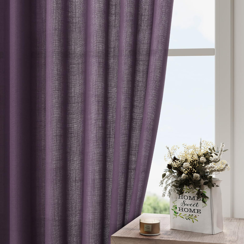 Plum Linen Curtains 102 Inches Long Rod Pocket Back Tab Drapes 2 Panels Set for Living Room Sheer Light Filtering Semi Sheer Plum Curtain 102 Length for Patio Sliding Glass Door 52x102
