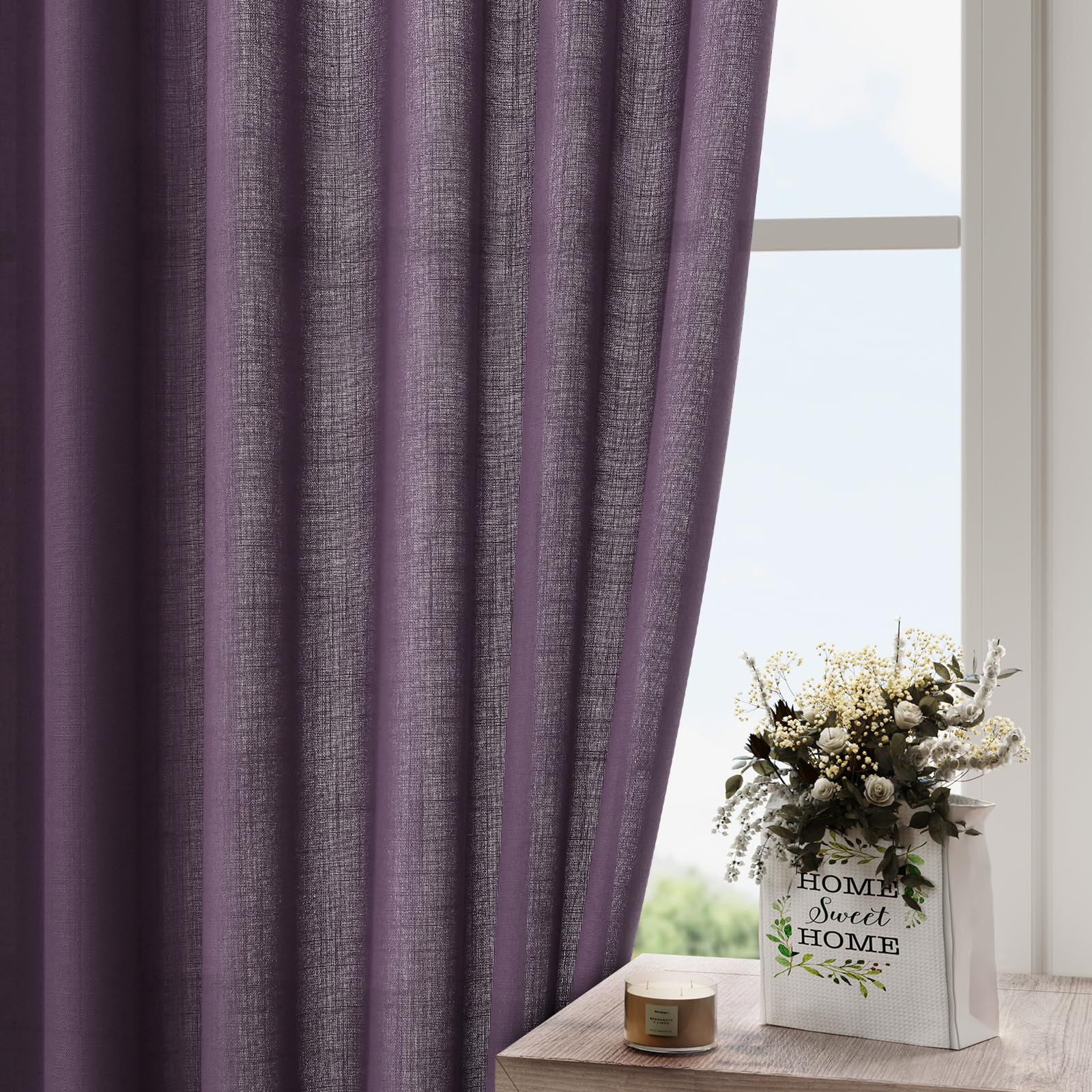Plum Linen Curtains 102 Inches Long Rod Pocket Back Tab Drapes 2 Panels Set for Living Room Sheer Light Filtering Semi Sheer Plum Curtain 102 Length for Patio Sliding Glass Door 52x102