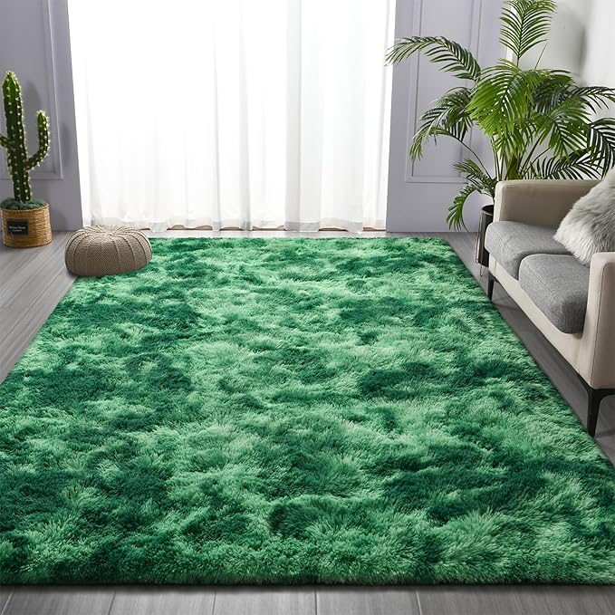 Deerhoo Large Shag Area Rugs 8 x 10, Plush Fuzzy Rugs for Living Room, Ultra Soft Fluffy Furry Rug for Bedroom, Indoor Carpet Nursery Rugs for Kids Room Home Decor, Tie-Dyed Emerald Green