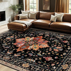 Area Rugs 7'x10' Washable Non-Slip, Floral Vintage Distress Print Pattern Medallion Carpet for Living Room Bedroom Dining Room, Black Colorful Floral Dark Tan