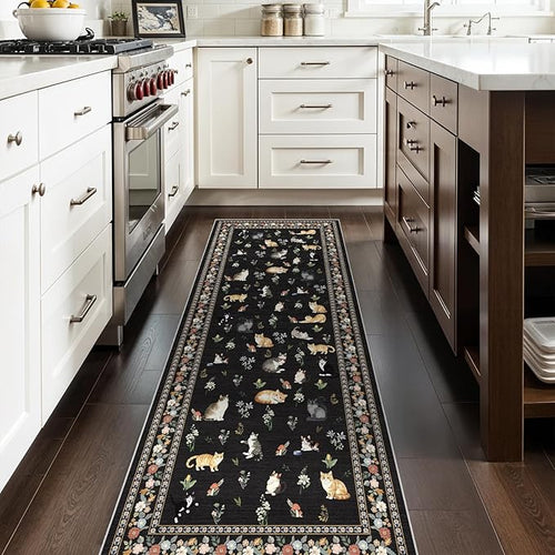 2'6"x8 Washable Kitchen Runner Rug: Floral Cat Print Non Slip Rugs Black