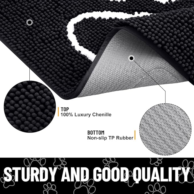 Smiry Dog Door Mat for Muddy Paws, Absorbent Dirt Trapper Non Slip Quick Dry Washable Chenille Mat for Mud Dogs, Entry Rug for Indoor and Outdoor (59x20 Inches, Black and White)
