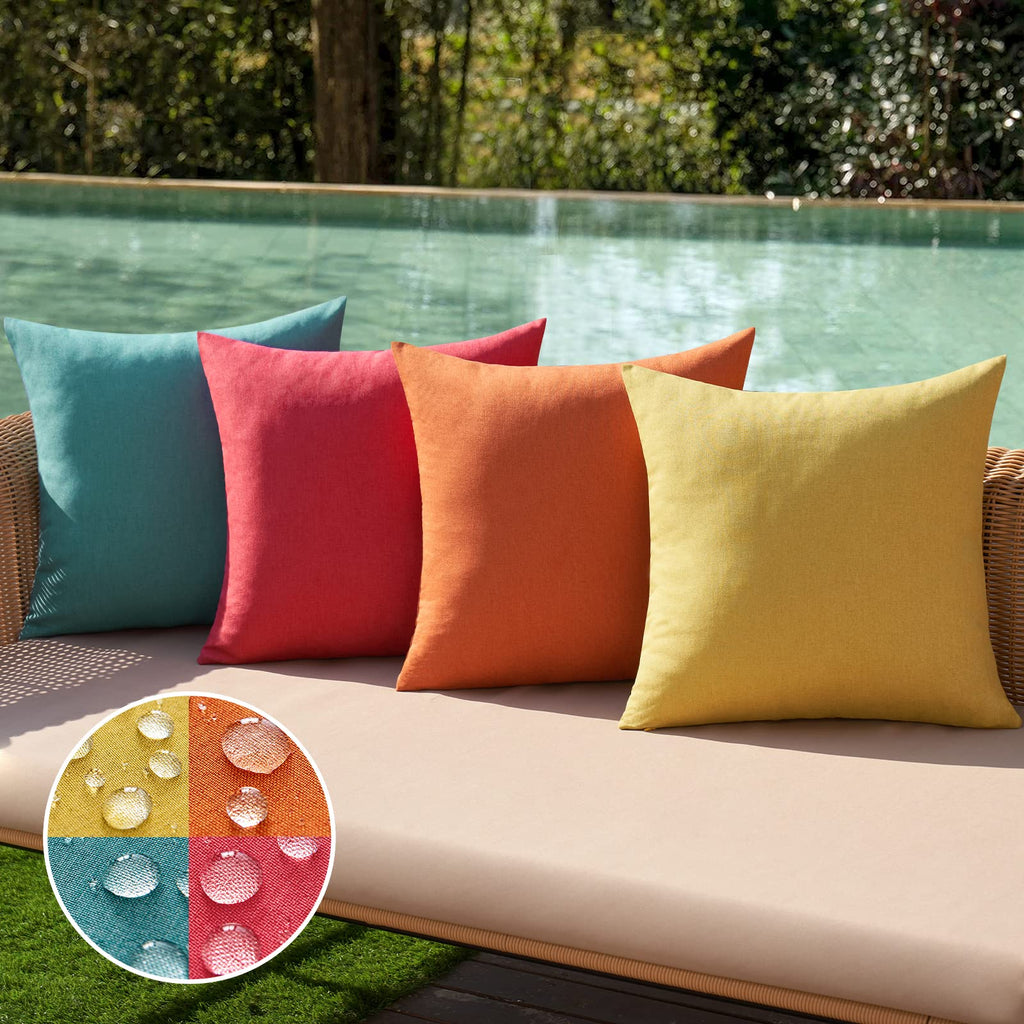 MIULEE Pack of 4 Decorative Outdoor Throw Pillow Covers Linen Waterproof Pillow Covers Summer Farmhouse Cushion Cases for Patio Garden Tent Balcony Couch Sofa 18x18 Inch Red/Turquoise