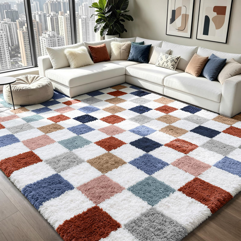 Area Rugs for Bedroom Living Room,5x8 Green and White Fluffy Soft Checkered Rug Fuzzy Shag Shaggy Carpet,Indoor Plush Floor Rugs for Teen Dorm Home Decor