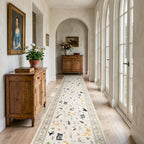 2x12 Washable Hallway Runner Rug: Long Floral Cat Print Soft Rug LightBeige