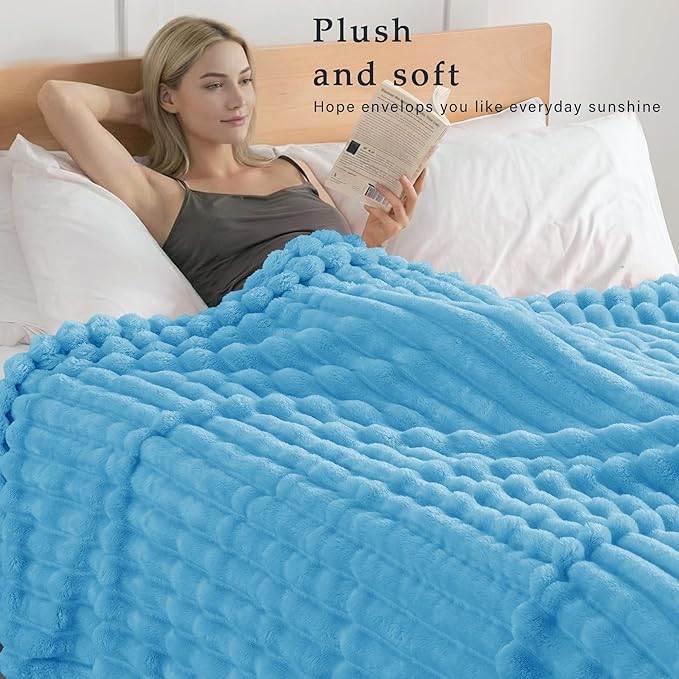 Exclusivo Mezcla Fleece Throw Blanket for Couch, Super Soft Striped Jacquard Bed Blanket, Lightweight Fuzzy Cozy for All Seasons, 50x60 Inches, Blue