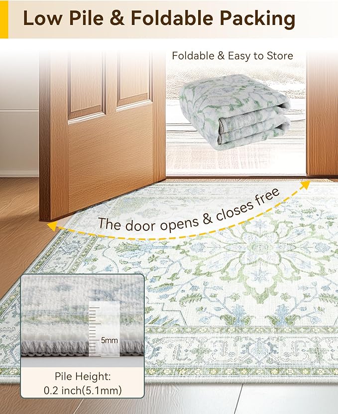 Area Rugs 2'x10' Runner Rug Non Slip Washable for Kitchen Hallway Bedroom Beside Laundry Room Bathroom Rug, Floor Carpet, Green White Blue