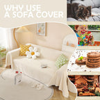 HANDONTIME Beige Couch Covers for 3 Cushion Couch Sofa Cute Sofa Covers with White Daisy Lace Pet Couch Protector Thick Chenille Couch Cover for Dogs Sectional Sofa L Shape Futon, 71" X150"