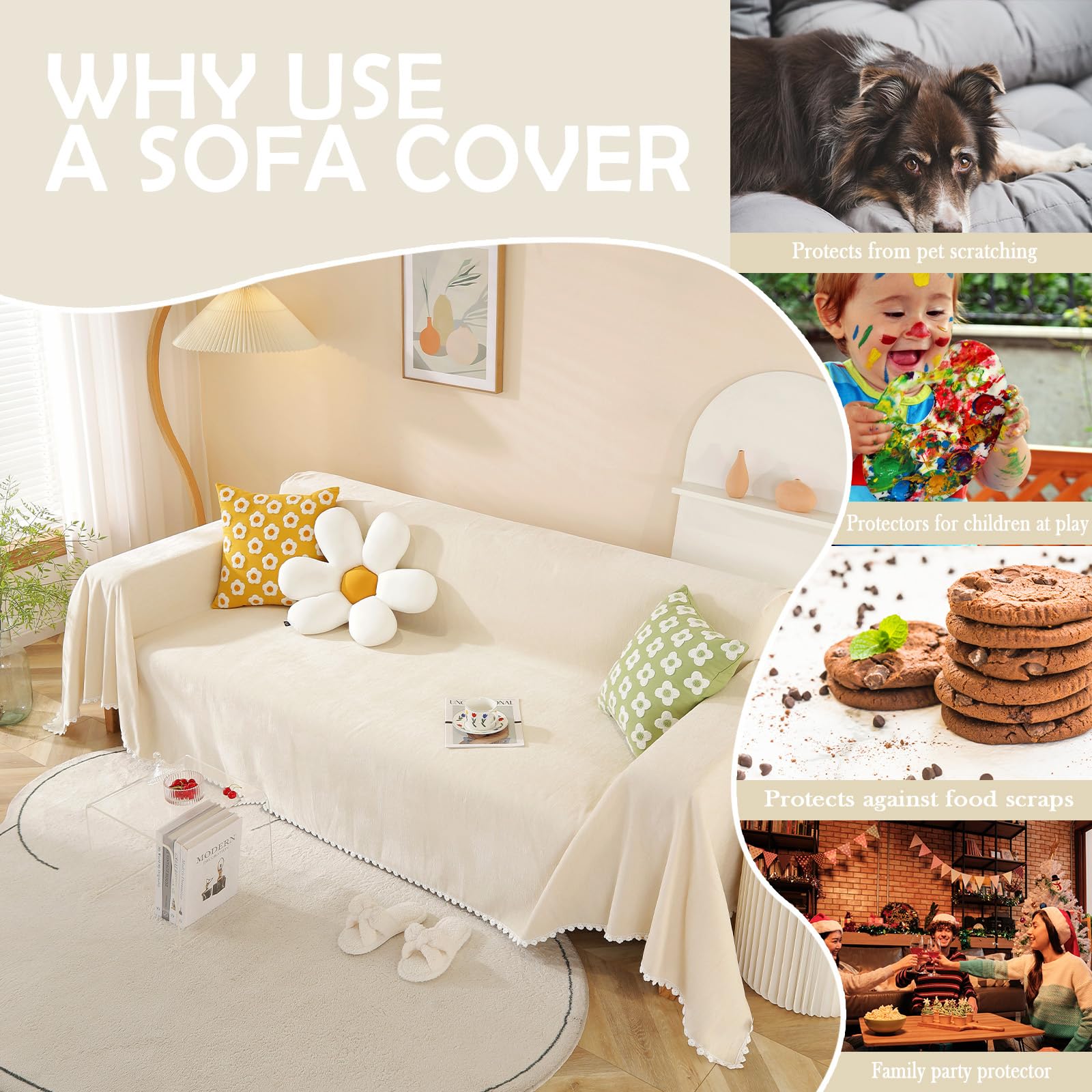 HANDONTIME Beige Couch Covers for 3 Cushion Couch Sofa Cute Sofa Covers with White Daisy Lace Pet Couch Protector Thick Chenille Couch Cover for Dogs Sectional Sofa L Shape Futon, 71" X150"