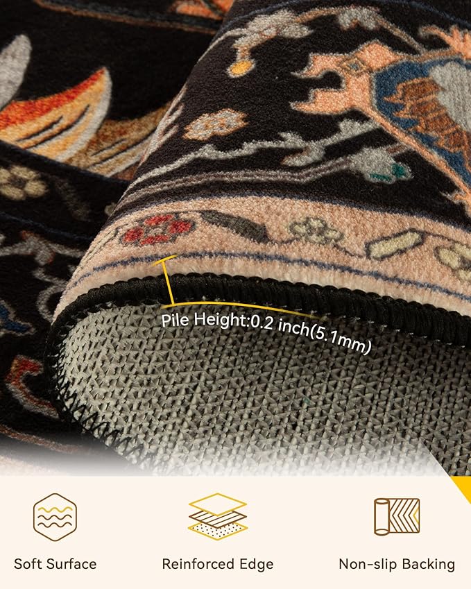 Area Rugs 7ft Washable Non-Slip, Floral Vintage Distress Print Pattern Medallion Carpet for Living Room Bedroom Dining Room, Black Colorful Floral Dark Tan