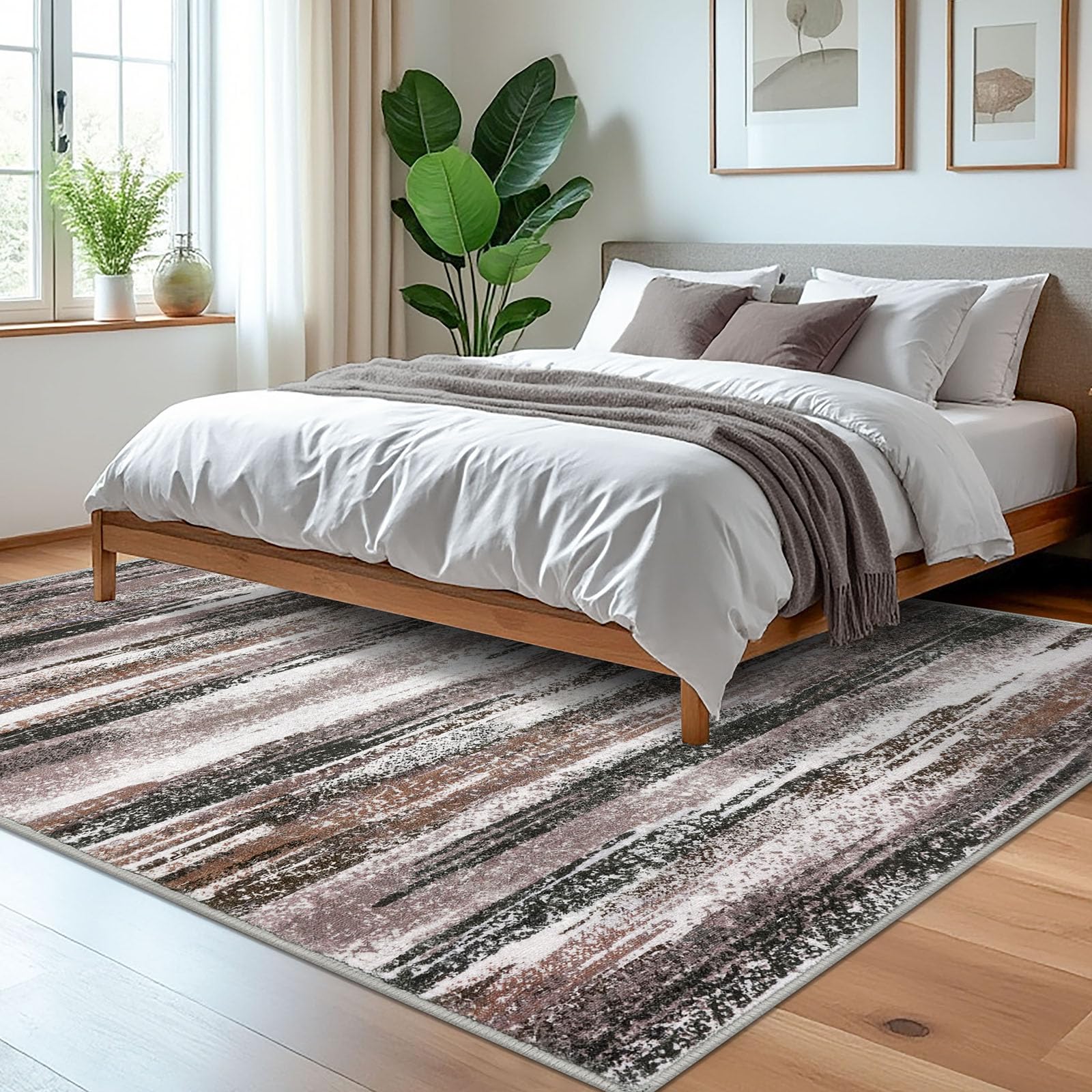Lansny Modern Abstract 5x7 Machine Washable Area Rug Non-Slip Soft Bedroom Living Romm Rug Dark Light Brown White Ultra Thin Print Faux Wool Floor Carpet Throw Rugs for Dining Room Indoor Office