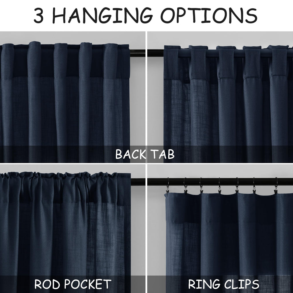 Nanspring Navy Blue Linen Curtains 63 Inches Length 2 Panels Set for Living Room Back Tab Pocket Light Filtering Semi Sheer Drapes Cotton Linen Textured Indigo Blue Window Curtain 52X63 Inches