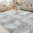 Super Soft Shaggy Area Rugs for Bedroom 4x6 Feet, Shaggy Plush Living Room Shag Furry Floor Rugs, Non-Shedding Indoor Rugs for Living Room Decor(4 x 6, Light Grey Tie-Dyed)