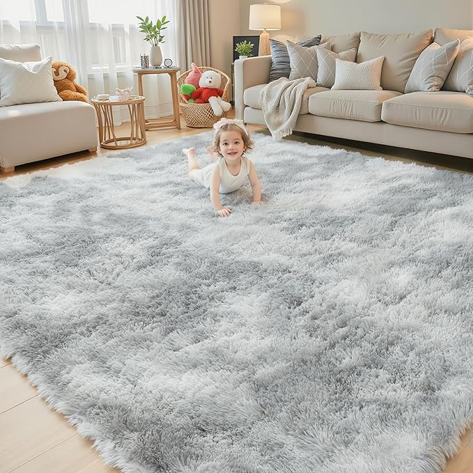 Rugs for Living Room 6x9, Alfombras para Salas Shag Large Plush Soft Area Rug, Shaggy Carpets for Bedroom, Kids Boys Girls Home Decor Aesthetic (Light Grey Tie-Dyed, 6x9 Feet)