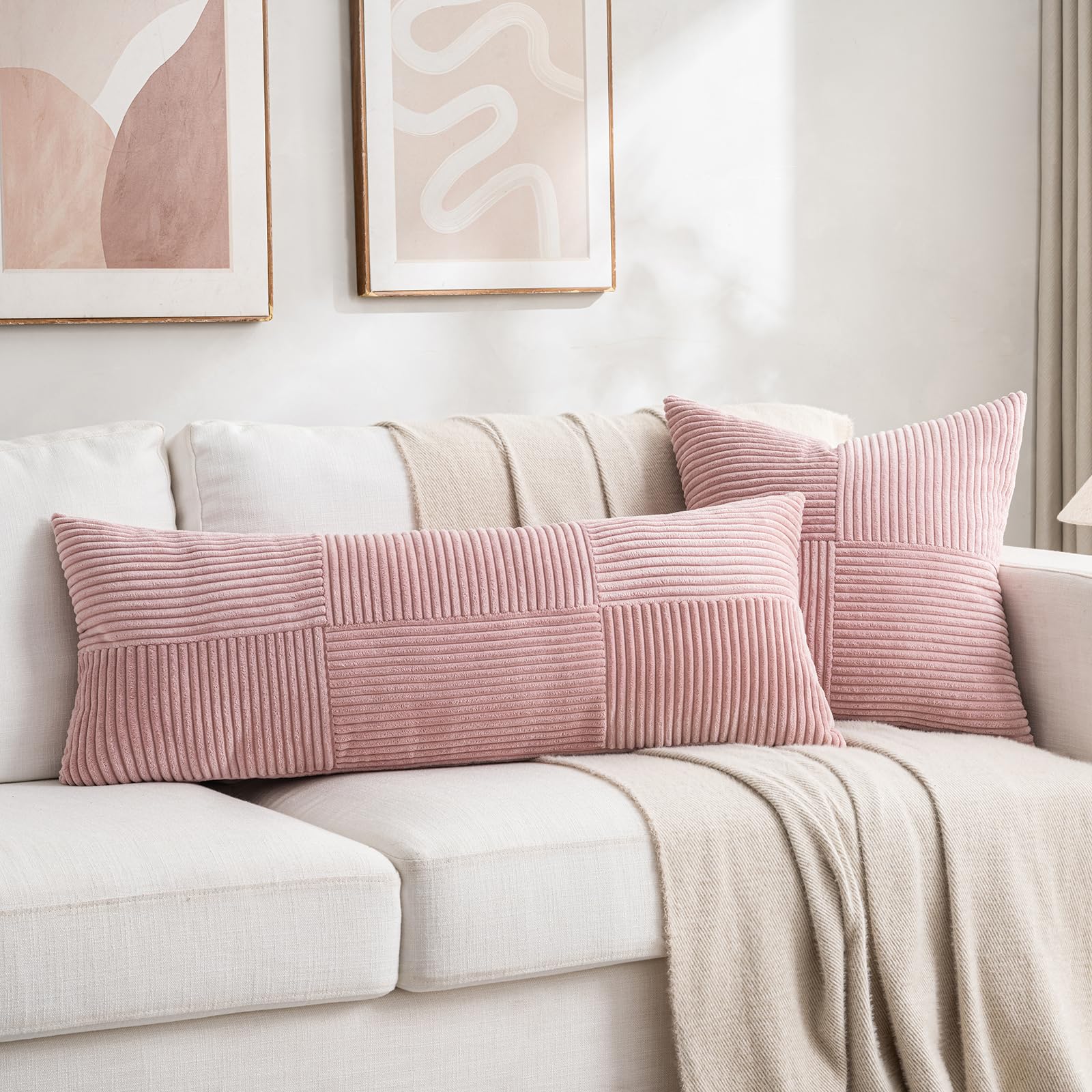 Fancy Homi 2 Packs Blush Pink Decorative Throw Pillow Covers 18x18 Inch for Living Room Couch Bed, Rustic Farmhouse Boho Home Decor, Soft Corss Corduroy Patchwork Textured Square Cushion Case 45x45 cm