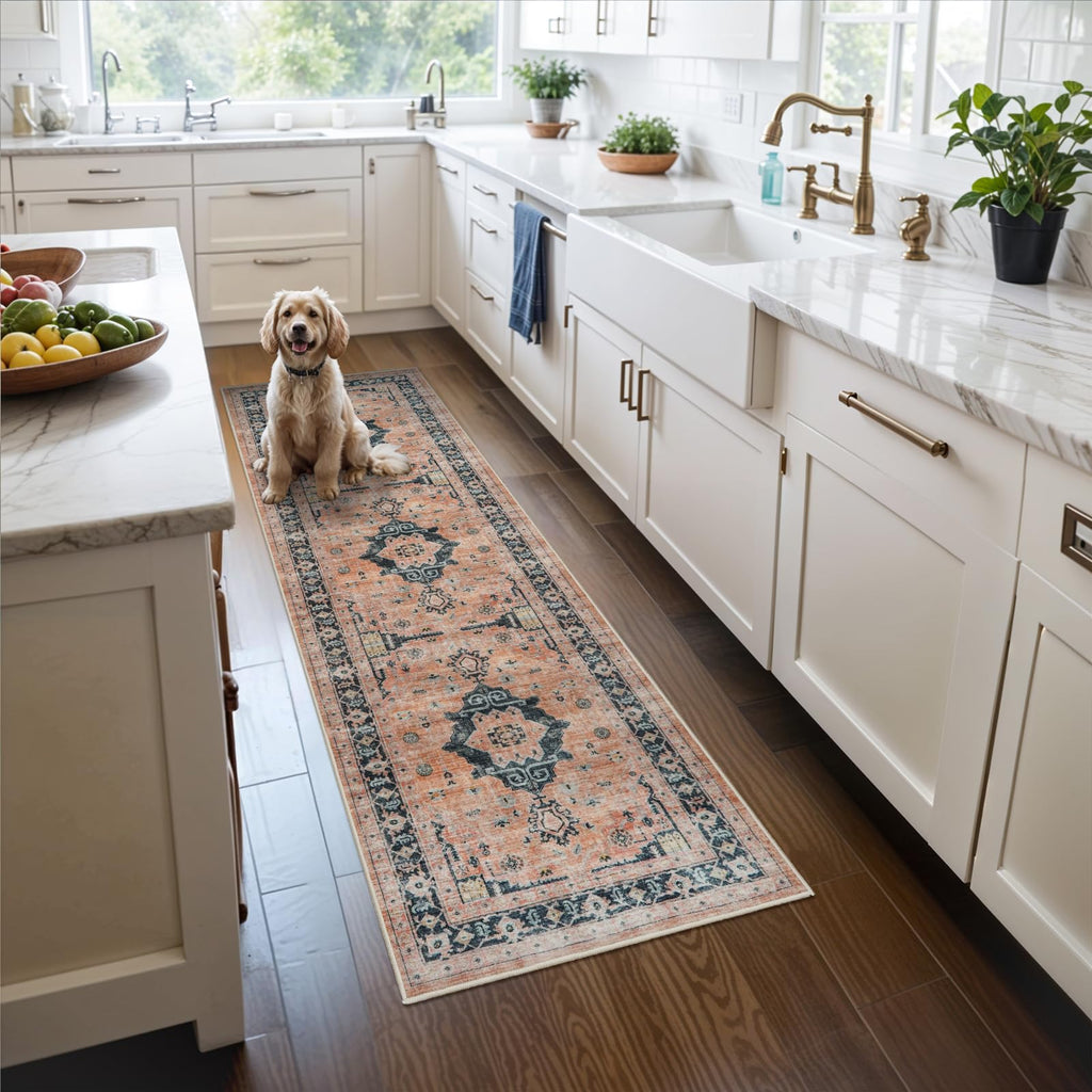 Washable 2x6 Hallway Runner Rug: Vintage Water Resistant Kitchen Entryway Rug Ultra Soft Living Room Bedroom Carpet Thin Non Slip Indoor Floor Mat for Bathroom Laundry (2 X 6,Orange)