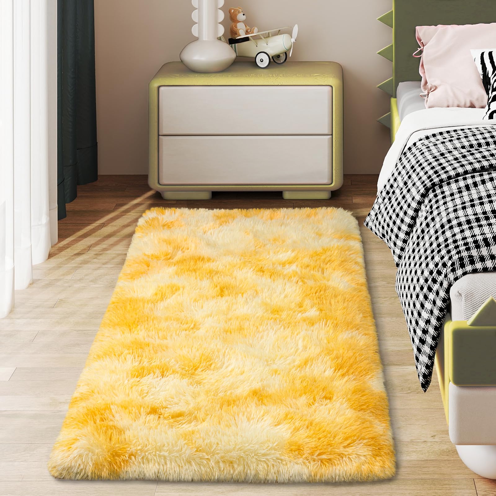 Ailyei Soft Runner Rugs for Bedroom Hallways, 2x4 Tie-Dyed Yellow Fluffy Shag Throw Area Rug Non Slip for Bedside Dorm, Long Shaggy Furry Carpet for Nursery Living Room