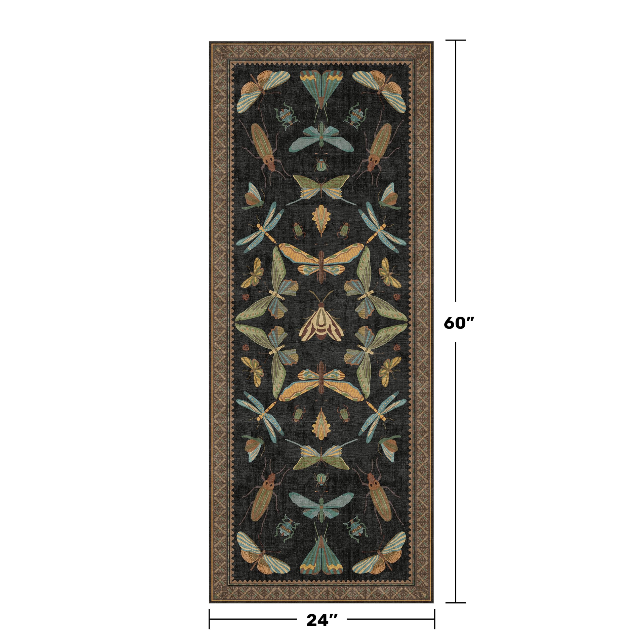 2x5 Black Washable Kitchen Runner Rugs Non Skid Washable - Gothic Runner Rug for Entryway, Kitchen, Insect Print Stain Resistant Indoor Décor