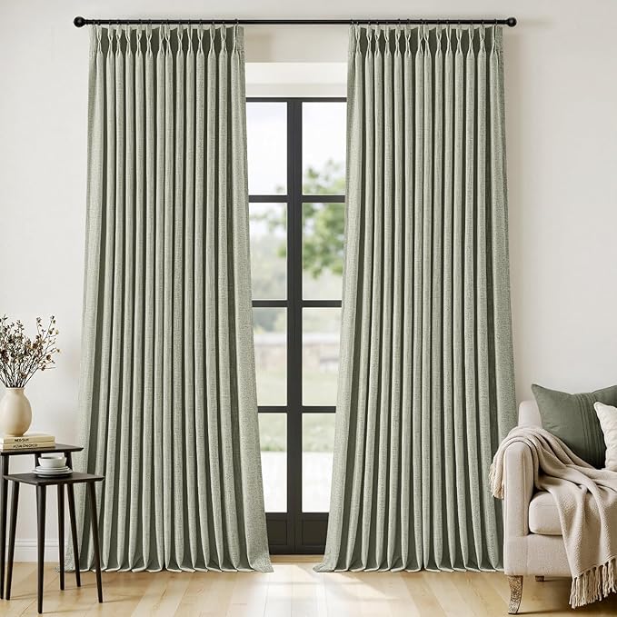 MIULEE Pinch Pleated Thick Linen Curtains 108 Inches Length 2 Panels for Living Room Bedroom, Extra Long Pinch Pleat Drapes Back Tab Light Filtering Sage Green Foor to Ceiling Curtains with Hooks